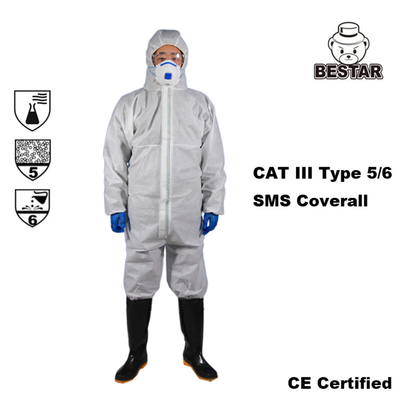 CE Certified Sekali Pakai Cat III Tipe 5/6 SMS Coverall untuk Konstruksi