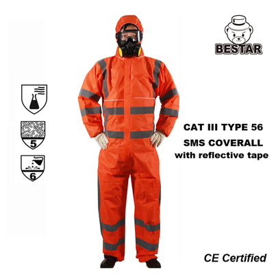 CE Certified Cat III Type 5/6 SMS Coverall dengan pita reflektif