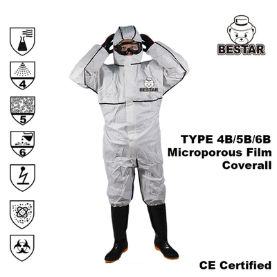 Coverall tipe non-woven sekali pakai bersertifikat CE 4/5/6 MP dengan jahitan terikat hitam dengan loop ibu jari