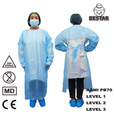 Gaun Isolasi Sekali Pakai Bersertifikat CE AAMI PB70 Level 2 Gaun Ppe Sekali Pakai
